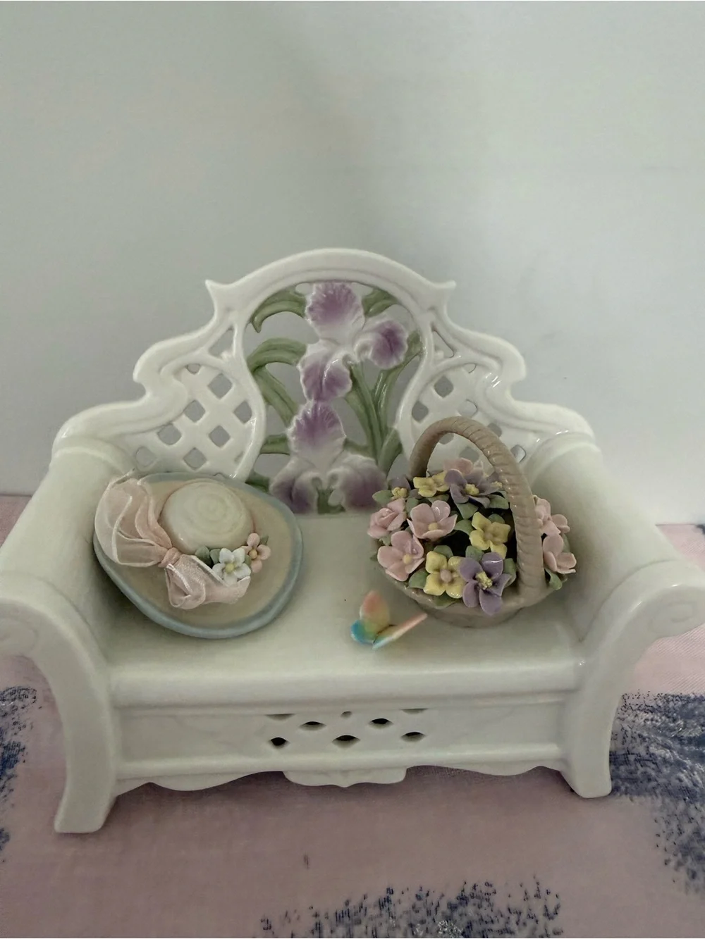 Vintage Style Porcelain Garden Bench Figurine with Flowers, Hat & Basket